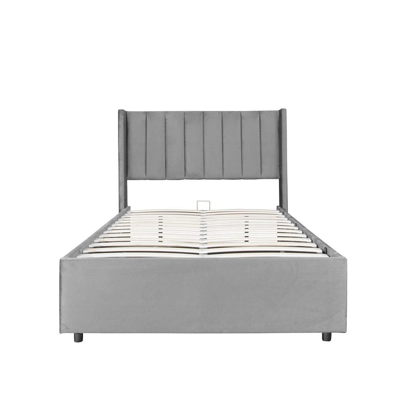 Juskys Polsterbett Savona 120x200 cm - Bett mit Bettkasten, Lattenrost, Samt-Bezug - Bettgestell aus Holz, bis 250 kg, großes Kopfteil - Hellgrau