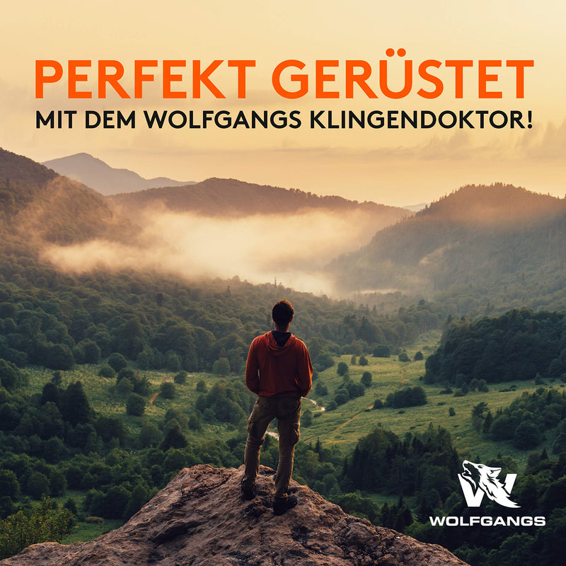 WOLFGANGS KlingenDoktor 5 in 1 - Premium Pocket Klingenschärfer & Survival Tool - Geeignet für die gängigsten Klingenarten sowie Wellenschliff Schärfer - Perfektes Outdoor Zubehör