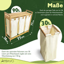 AMBIAVO® Wäschekorb 3 Fächer [beige, 100% Baumwolle, Bambus, 90 l Volumen] | Wäschesammler für Schmutzwäsche| Wäsche Sortiersystem | Wäschesortierer Holz | Wäschebox | laundry baskets