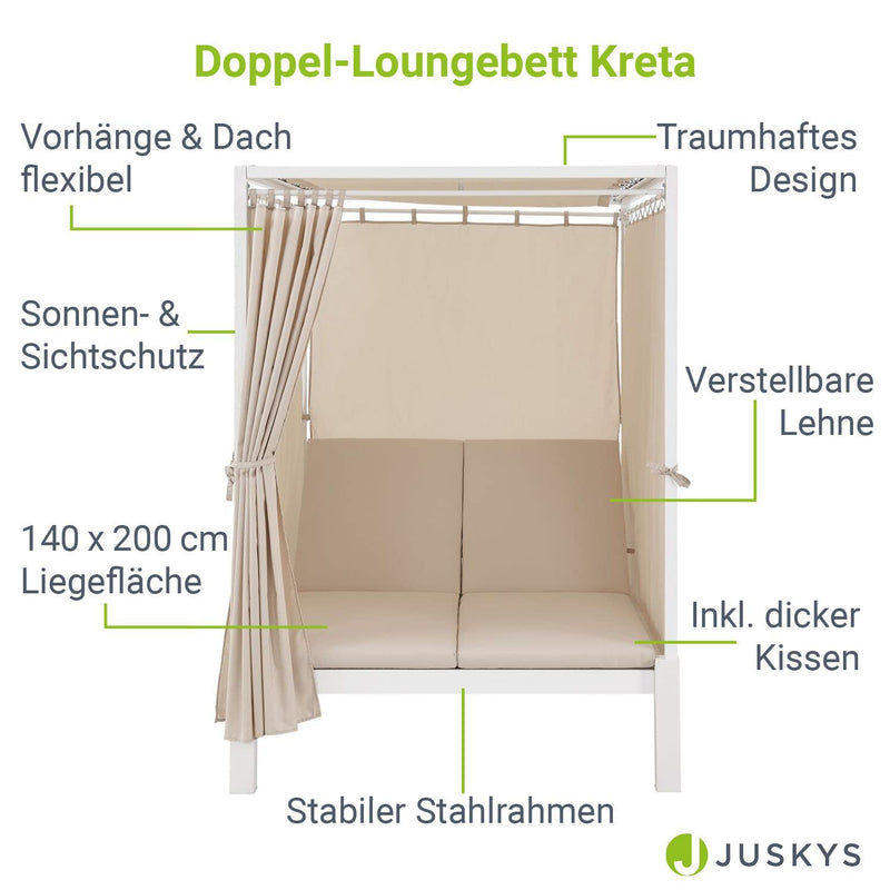 Juskys Doppel Loungebett Kreta - Gartenliege für 2 Personen - Dach & Rückenlehne verstellbar - Sonnenliege für Terrasse, Garten & Balkon - Liege Weiß