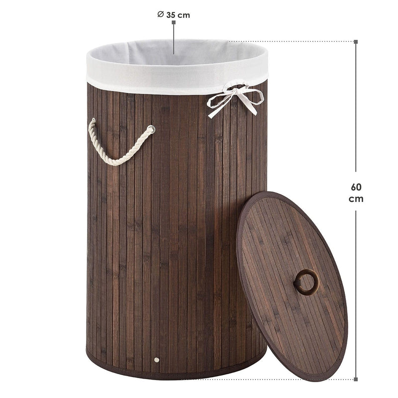 Juskys Bambus Wäschekorb Curly-Round - 55 Liter Volumen - Wäschesammler mit Deckel, Tragegriffen & Stoff Wäschesack - 1 Fach Wäschebox - Braun