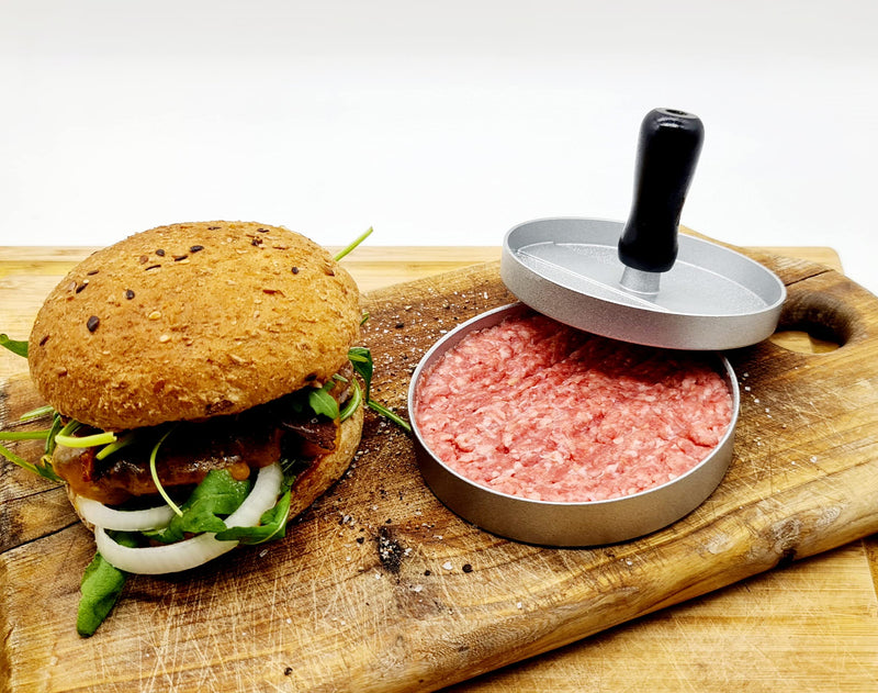 Dreiklang - be smart Hamburger Burger Press Aluguss Burgerpresse BBQ Patties mit Antihaftbeschichtung schwarzem Holzgriff Silber Plastikfrei