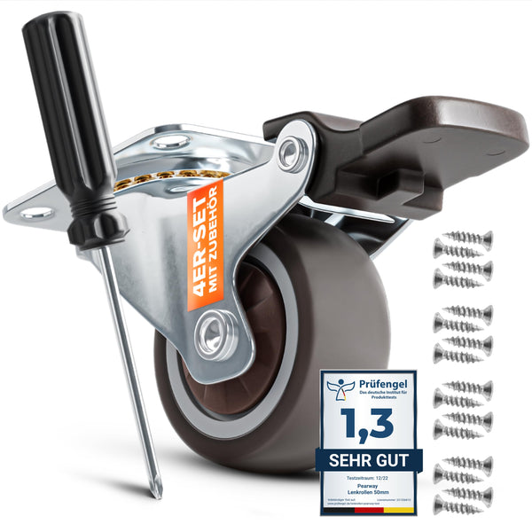 PEARWAY™ Premium Lenkrollen 32mm mit Bremse [4 Stk bis 60kg] inkl. Montagezubehör I Robuste Transportrollen mit 4 Sicherheitsbremsen I Rollen mit Bremse I Möbelrollen