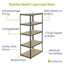 Juskys Schwerlastregal Basic 200x100x60cm (HxBxT) | 875 kg | 5 Böden | Lagerregal Steckregal Metall Kellerregal Regalsystem Regal (Grau)