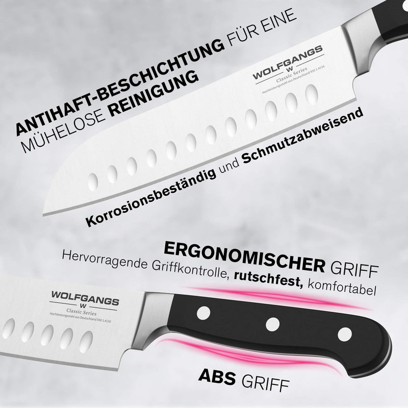 Wolfgangs hochwertiges Santoku Messer - Sushi Messer extrascharfe rostfreie Premium-Klinge - Santokumesser aus deutschem Hochleistungsstahl - Santoku