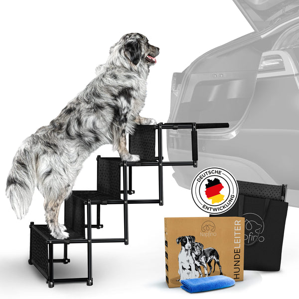 NAPFINO Hundetreppe Auto [bis 60kg] - Gelenkschonende Hunderampe Auto klappbar - Auto Rampe für kleine & große Hunde - Einstiegshilfe Hunde Auto - Rampe Hund für alle Autos geeignet - Mit Tragetasche