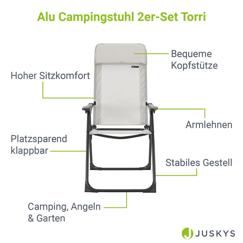 Juskys Campingstuhl 2er Set Torri mit Verstellbarer Rückenlehne - Alu Gartenstuhl klappbar - Camping Hochlehner - 2 Gartenstühle Grau