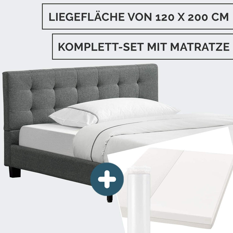 Juskys Polsterbett Manresa 120x200 cm - Bett Komplett-Set mit Matratze, Lattenrost & Kopfteil - Holz Bettgestell für Kinder bis Erwachsene — grau
